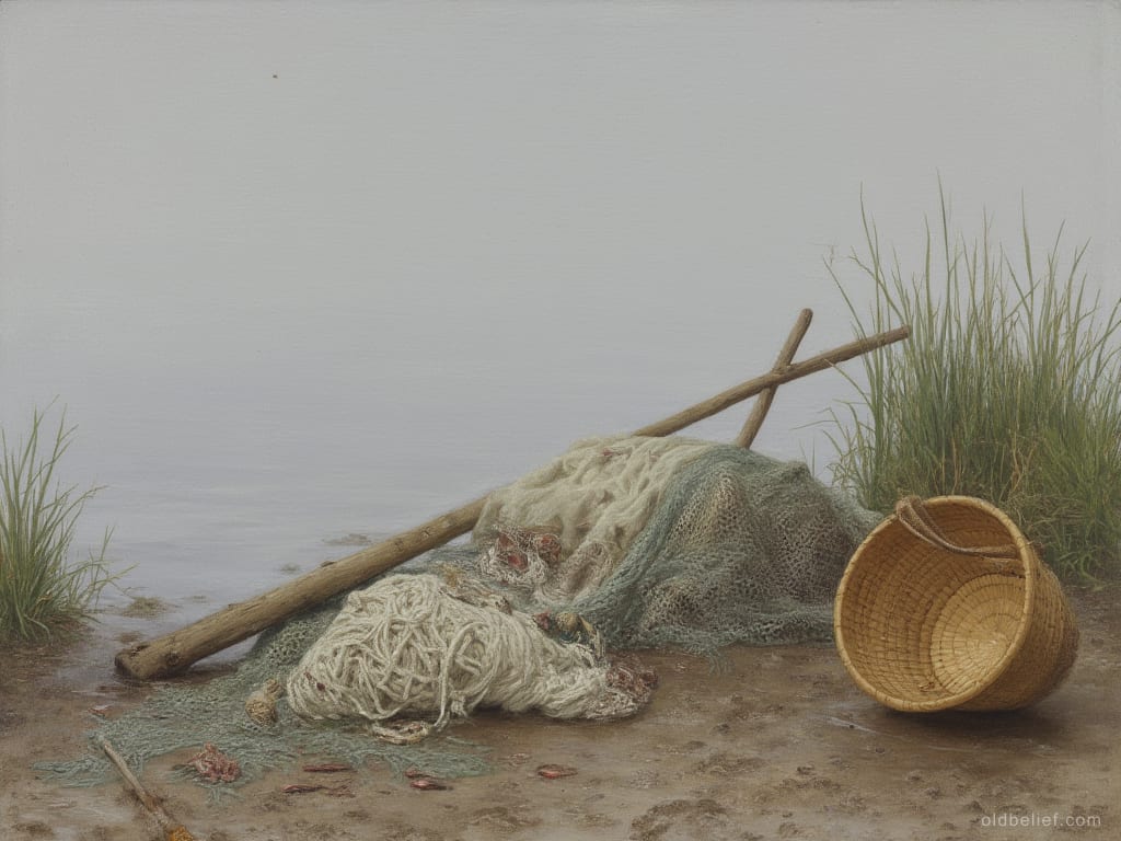 Fishing net and woven basket left on a muddy bank beside flat water