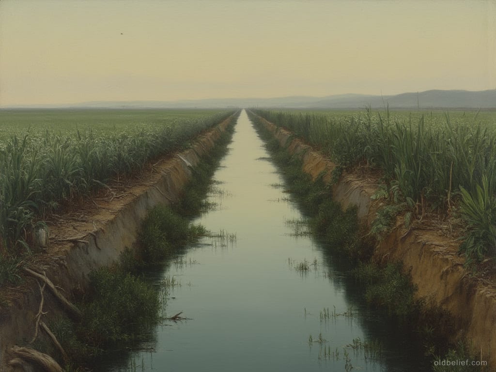 Narrow stone-lined canal at dusk with still green water and reeds on both banks