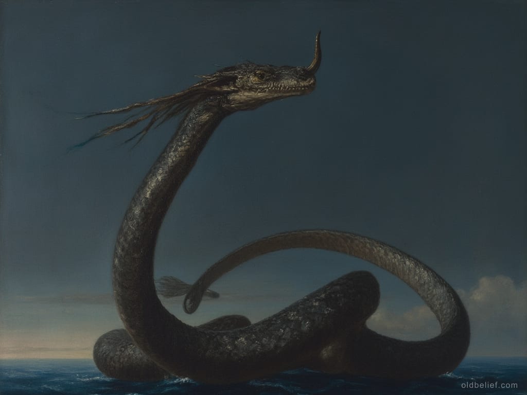 Vast serpent coiled with its tail looped back, one horn on the snout, over sea