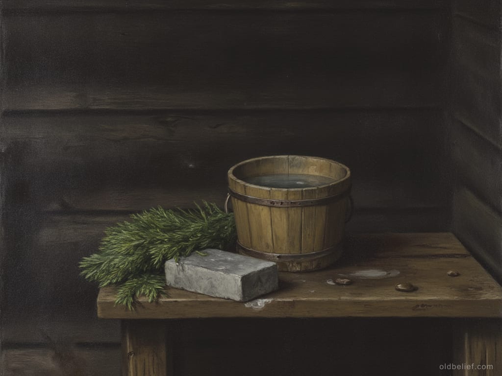 Fir branches, a piece of soap and a bucket of water left on a wet wooden bench