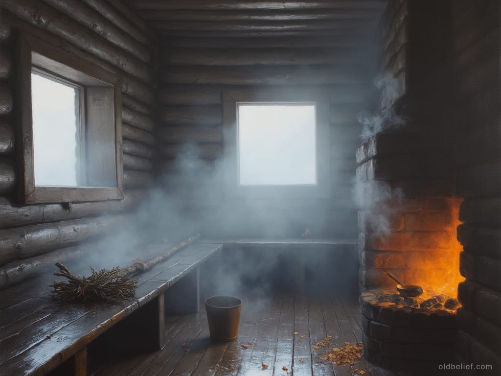 Empty dim bathhouse interior full of steam, one wet bench, nobody present