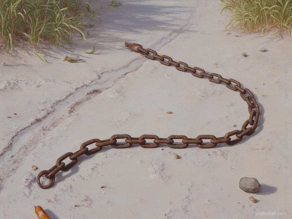 Length of old iron chain lying in the dust of a village road at dawn