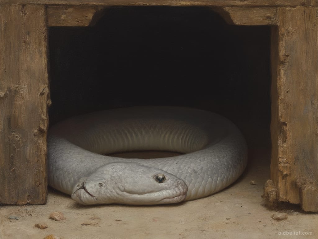 Pale snake coiled in the dry warmth under a floorboard, barely visible