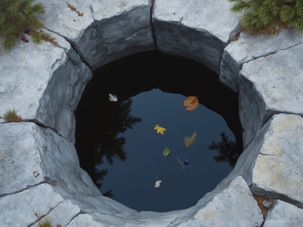 Deep round pothole worn into bedrock, filled with dark rainwater and fallen needles
