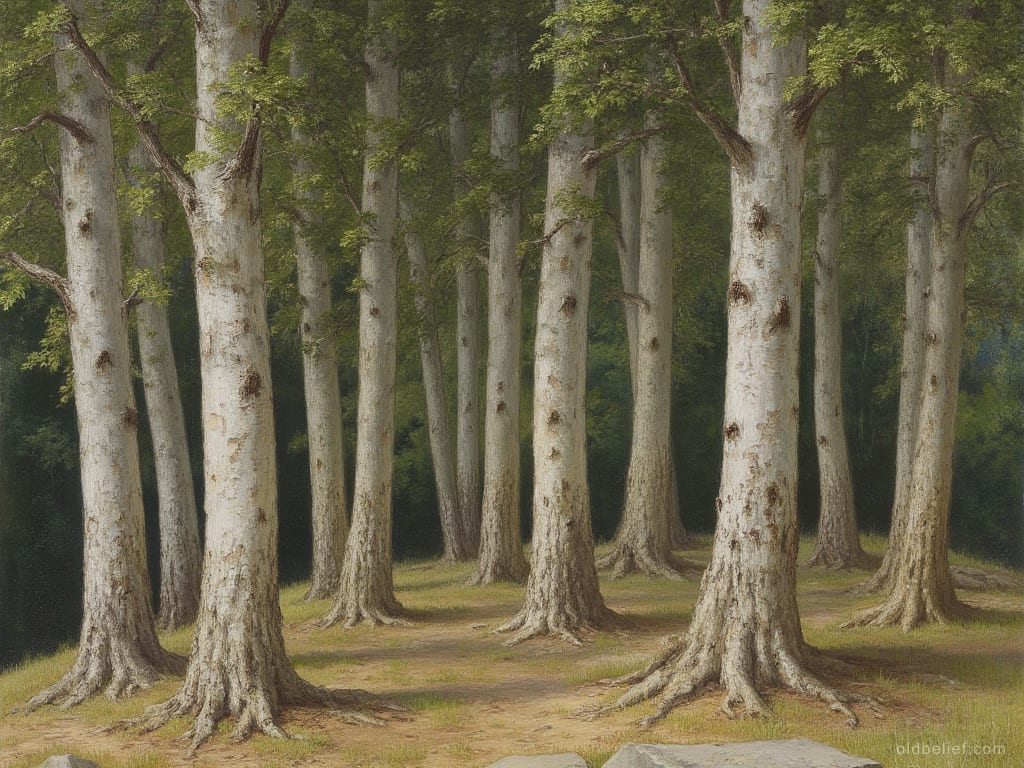 Stand of old trees on a low rise, floor clear of undergrowth, light between trunks