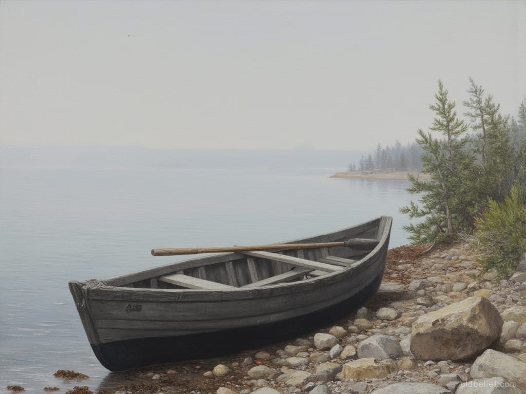 Small wooden rowing boat pulled up on a stony shore under a grey sky