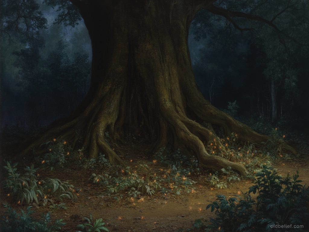 Scattered fireflies drifting through dark undergrowth beneath a huge tree