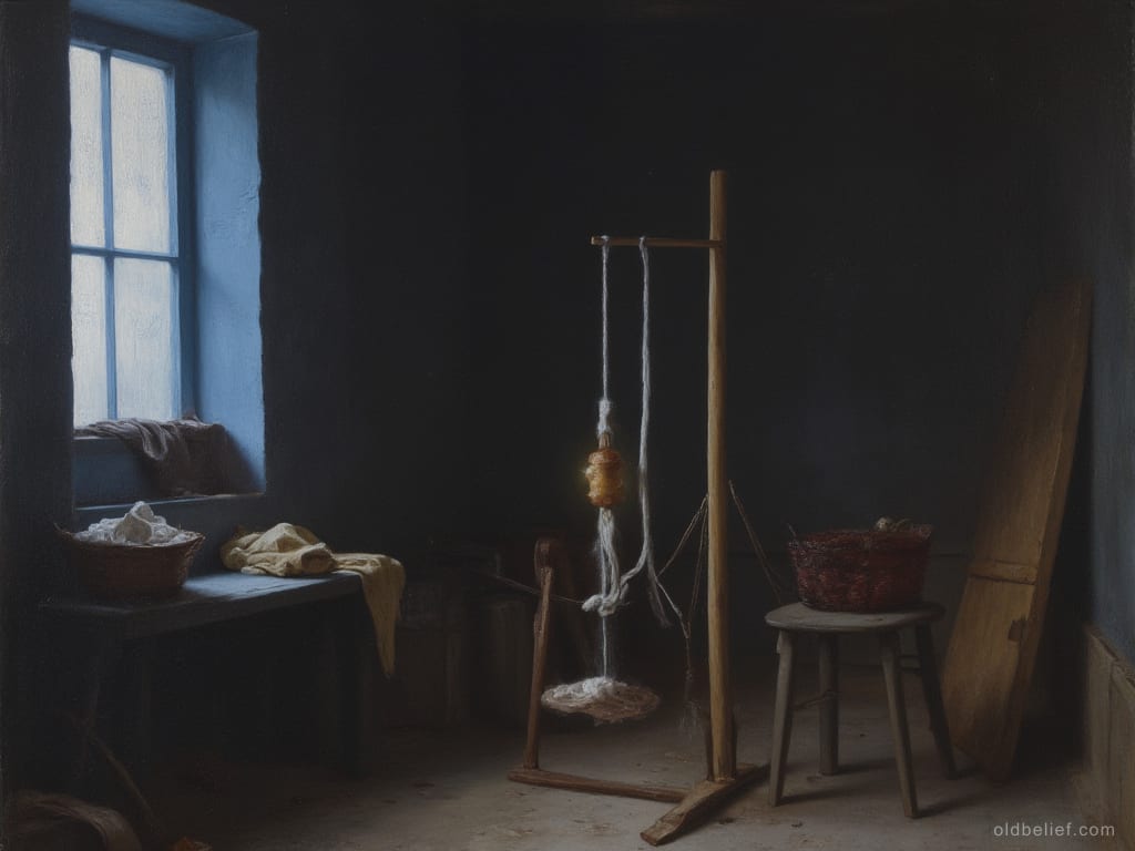 Distaff and spindle turning in an unlit room, thread forming with no one visible