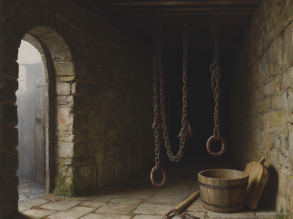 Heavy iron chains hanging slack from a cellar wall, an empty bucket beneath them