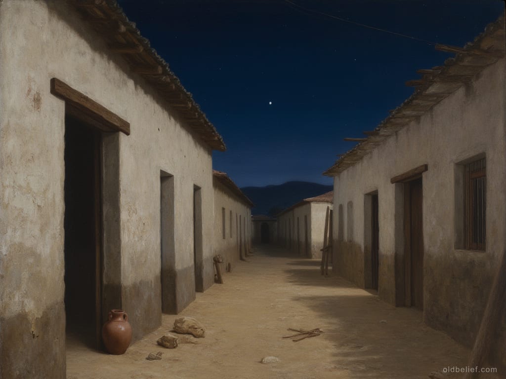 Dark street of low adobe houses at night, shutters closed, nobody outside