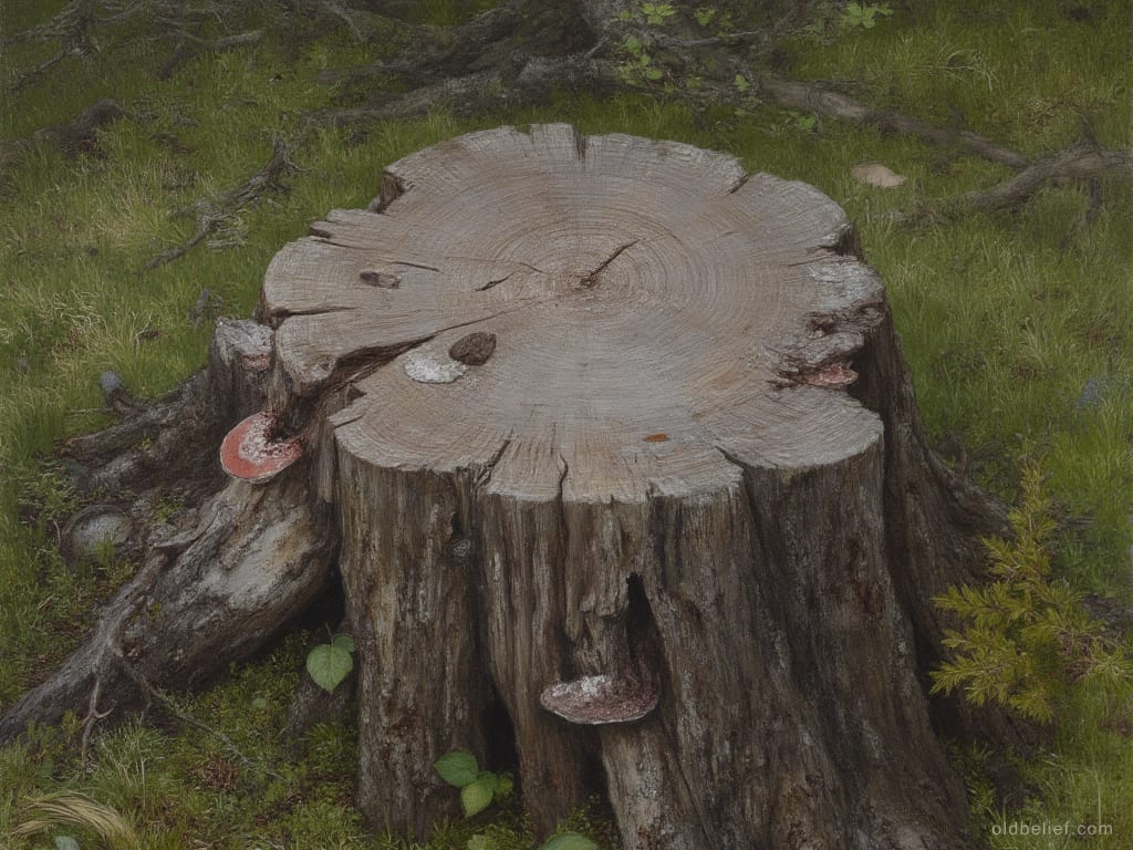 Weathered stump in deep moss that reads as a face at second glance