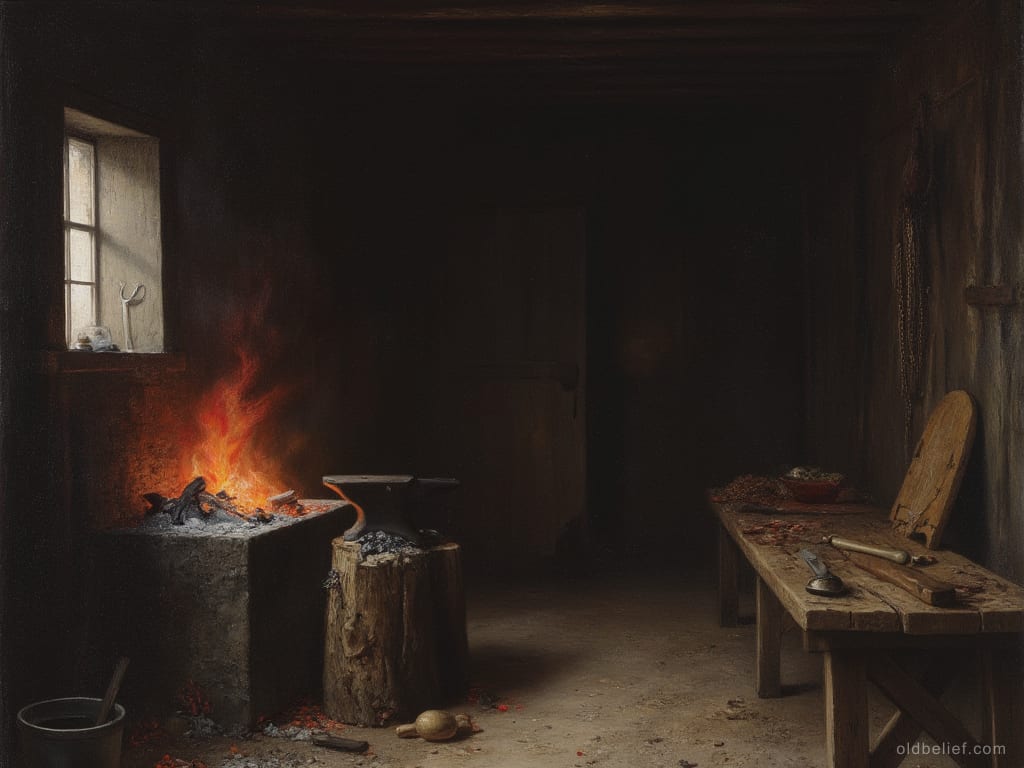 Dark village smithy with a cooling forge, tools on the bench, nobody present