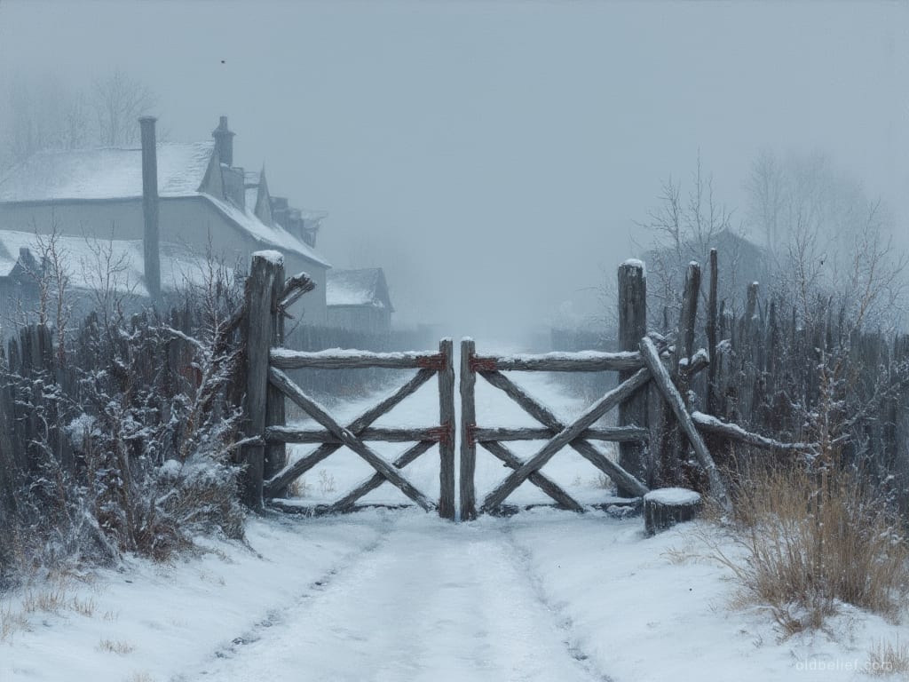 Heavy timber gate in a snow-covered fence, closed, with a track leading to it