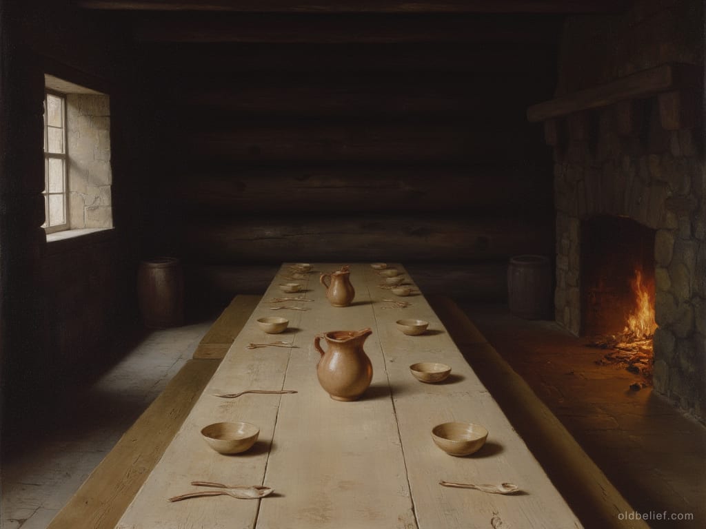 Long wooden table in a dim log hall, set with plain bowls, benches empty