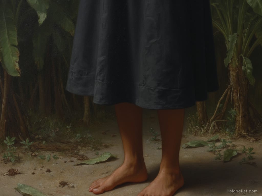 Dark skirt hem and two bare feet standing still on bare earth in a banana grove at night