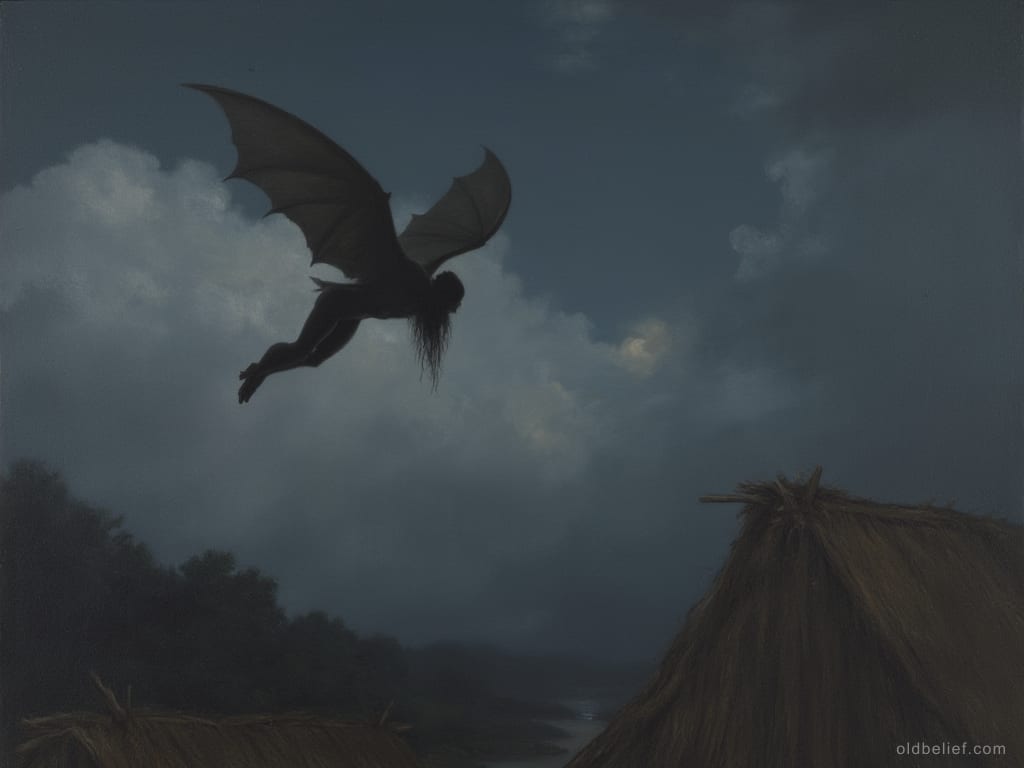 Winged upper torso in silhouette passing low above a nipa roof against cloud