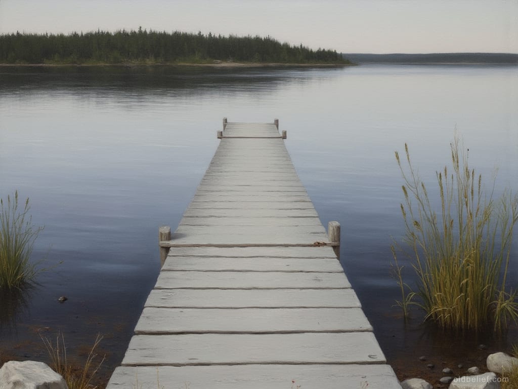 Weathered wooden swimming dock over dark lake water, empty, seen from the shore
