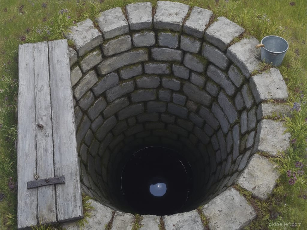 Old stone-lined well with its wooden cover pushed aside, dark water far below