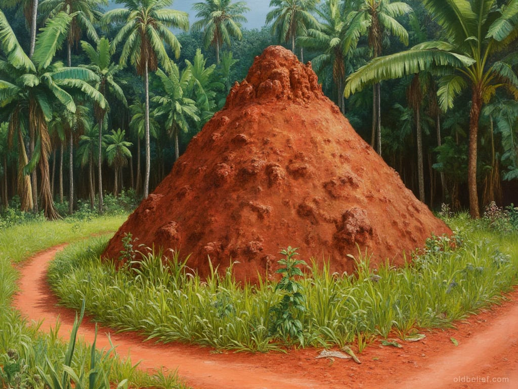 Reddish termite mound a metre high in long grass beside a narrow dirt path