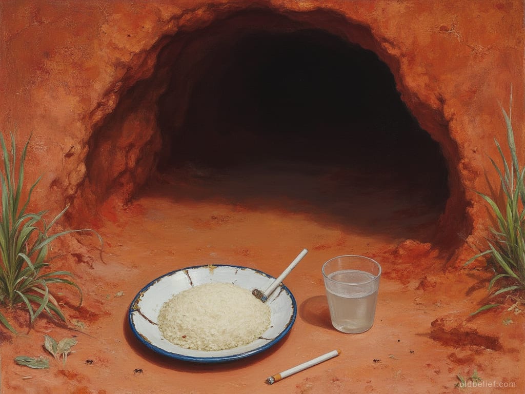 Small plate of rice and a cigarette left on the earth at the foot of a mound