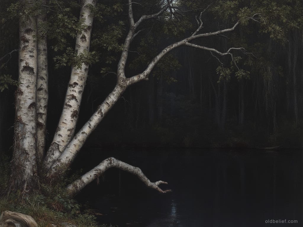 Birch and willow branches over still water at night, branches bent as if weighted
