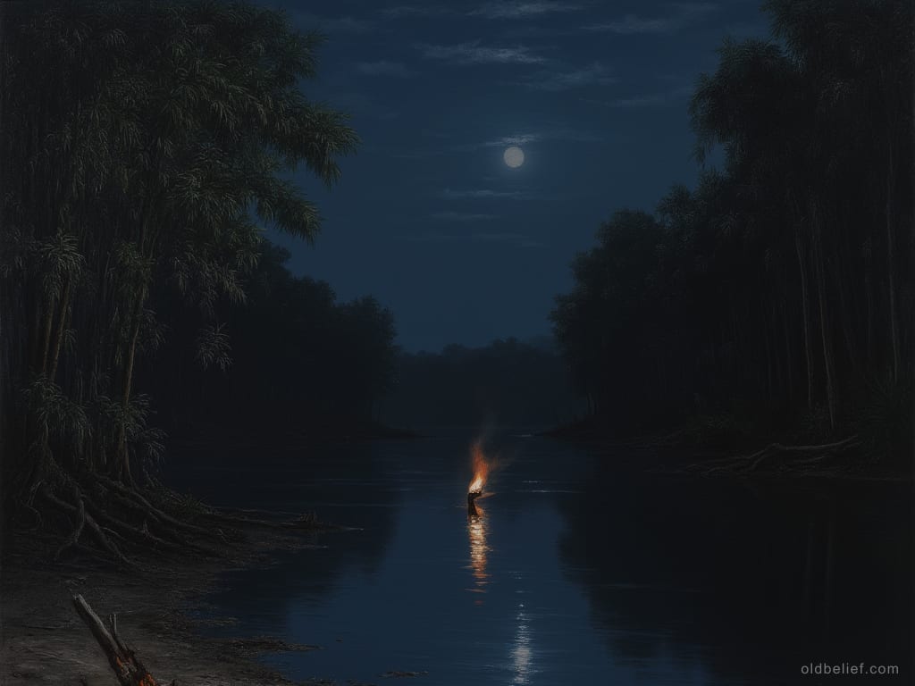 Still river at night with a single floating light and its reflection