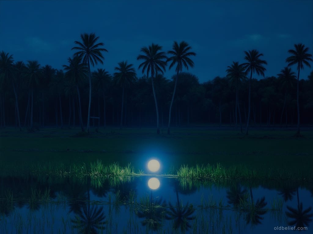 Pale blue-white ball of light drifting low over a dark rice field at night