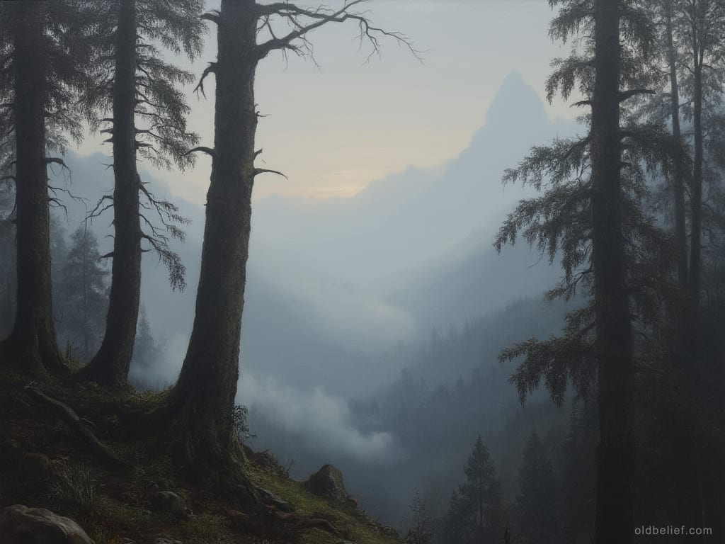 Indistinct tall shape among dark mountain trees, no animal features visible