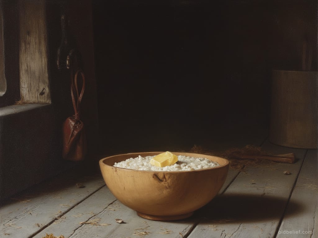Wooden bowl of porridge with a pat of butter, left on the floor of a dim log barn