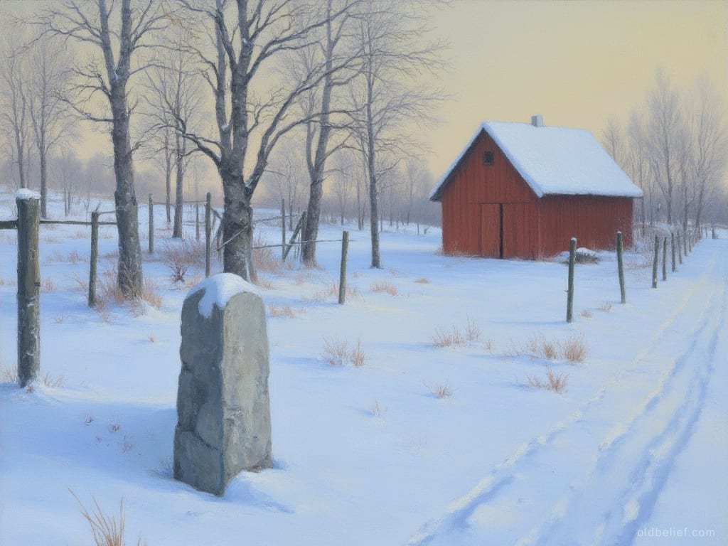 Snow-covered corner of a farmyard with outbuilding and the first marker stone