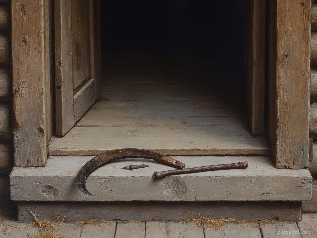 Iron nail and scythe blade laid across a wooden doorway threshold