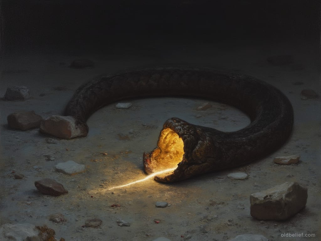 Severed serpent head on stony ground, a glowing line being drawn across the cut