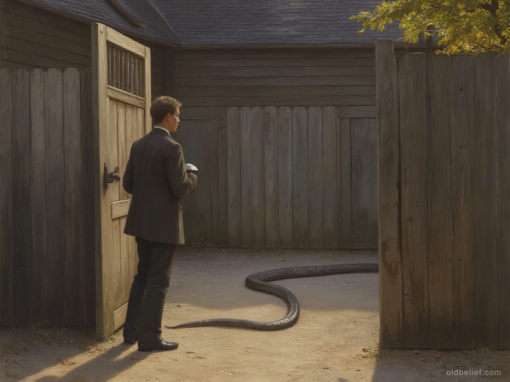 Well-dressed young man standing at a courtyard gate, his shadow serpentine